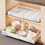 HOTOOLME 2 Pack Pull Out Cabinet Organiser Extendable Slide Out Drawers with Adhesive Heavy Duty Pull Out Shelf Adjustable Width for Kitchen Storage (White)