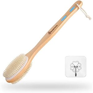 Hanstock Back Scrubber, 43cm Long Wooden Double-Sided Shower Body Brush with Soft and Stiff Bristles for Exfoliating Skin