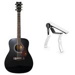 Yamaha F370 Full Size Steel String Acoustic Guitar - Traditional Western Body - Classic Black & TIGER GACAPO2 Trigger Guitar Capo - Easy to Use Universal Guitar Capo - Chrome