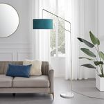 Furniturebox UK Floor Arc Lamp - Danielle - Teal Velvet Fabric Lamp Shade Brass Angled Arc Arm Structural Stand White Marble Base - Modern Meets Vintage Lamp Living Room Bedroom Lighting