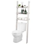 MyGift 5.5 Foot Tall Shabby White Washed Solid Wood Over The Toilet Decorative Ladder Standing Shelf, 3 Tier Bathroom Organizer Leaning Storage Shelves Rack Stand