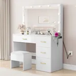 DWVO Makeup Vanity with Lighted Mirror, Vanity Desk with Power Strip, Adjustable Lighting, 4 Drawers, and Cushioned Stool for Bedroom, Dressing Room