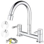 Maynosi Kitchen Sink Mixer Tap, Kitchen Bridge Mixer Taps 2 Hole, 180 mm Centers Deck Mounted Faucets, Twin Levers Faucet with 2 Function Aerator, 1/4 Turn, 360° Swivel Spout, Brass, Chrome Plated