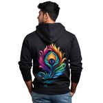 prabhu bhakti Poly Cotton Solid Black Peacock Feather Printed Regular Pullover Full Sleeve Hoodies Full For Men (Large)