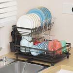 BQKOZFIN 2 Tier Dish Drying Rack, Dish Rack, Drying Rack Kitchen with Drainboard, Small Stainless Steel Kitchen Dish Drainer with Cutlery Holder, Cup Holder, Swivel Spout (Black)