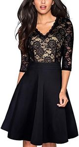 HOMEYEE Vintage Vintage à Manches 3/4 en Dentelle Florale brodée Cocktail Robes A062(EU 36 = Size S,Noir)