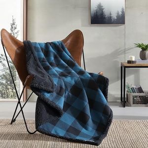 Eddie Bauer - Throw Blanket, Reversible Sherpa Flannel Bedding, Buffalo Plaid Home Decor for All Seasons (Blue/Black, Throw)