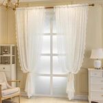 F-CHU Lace Curtains for Windows 54 inch Drop Vintage Net Curtains for Old House Shabby Chic Sheer Voile Curtains 2 Panels(140cm Width x183cm Drop) White Curtains