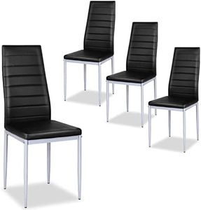 Giantex Set of 4 Dining Chairs with High Backrest, Kitchen Chair with Metal Legs, Leather Seat, Minimalist Upholstered Chair, Holds up to 150 kg, for Restaurant Dining Room Living Room (Black)
