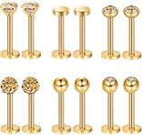 Sumind 6 Pairs Stainless Steel Nose Studs Tragus Bars Labret Bars Crystal Ball Body Piercing Jewelry, 6 Designs, 16 Gauge (Gold)