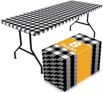 Smiry Picnic Table Cloth 8 Pack, Waterproof Elastic Fitted Tablecloths for 6FT Rectangle Tables, Washable Polyester Buffalo Plaid Tablecloth for Camping, Dining & Outdoor (Black & White, 30" x 72")