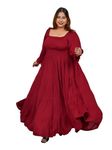 DEEBACO Women's Rayon Smocking Tiered Plus Size Dress for Women|Square Neck Full Sleeves Fit & Flare Maxi Casual Western Dress for Ladies Party Casual Wear Outfits (DBDR00000819_5XL_Maroon)