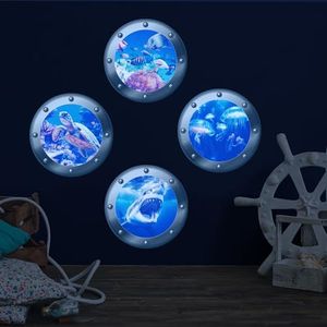 3D Ocean Animals World Wall Stickers Glow in The Dark, 4 Pcs Sharks Turtles Jellyfishs Removable Decals for Kids, Vinyl Stickers for Ceiling (Blue)