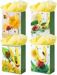 RACHELLE'S Paper Gift Bags with Tissue Paper (4 Pack) - 9"x7" Yellow Flower/Ladybugs Design with Handles - Ideal for Easter Celebrations & Egg Hunts, Treats, and Surprises