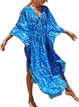 Bsubseach Kaftan Dresses for Women 2025 Plus Size Swimsuit Cover Up V Neck Caftan Beach Dress Loungewear Blue Print