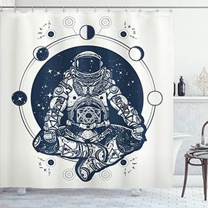 Lunarable Moon Phases Shower Curtain, Spaceman Silhouette Sitting in Lotus Pose Yoga Zodiac Harmony, Cloth Fabric Bathroom Decor Set with Hooks, 69" W x 70" L, Dark Blue White