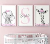 Safari Animals Girls Nursery Bedroom Unframed Set of 3 Poster Prints, Personalised Name Pink or Purple Flowers Wall Art Decor New Baby Gift Present, Elephant Giraffe Panda Zebra Lion (A4)