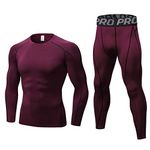 LANBAOSI Mens Long Sleeve Base Layer Compression Top and Tights Set Wicking Long Johns Wine Red