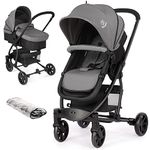 Hadwin Pram 2-in-1 Travel System, Foldable Baby Pushchair with Rain Cover, Reclinable Reversible Pushchair Seat and Carrycot from Birth, Buggy with Lying Function for Newborn to Toddler-Black & Grey