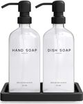 Glass Hand and Dish Soap Dispenser Set by Brighter Barns - Kitchen Soap Dispenser Set with Tray, Stainless Steel Pump - Liquid Soap Dispenser for Kitchen - Black Kitchen Accessories for Home (Clear)