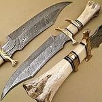 Skokie Knives Custom Hand Made Damascus Steel Hunting Knife Handle Camel Bone