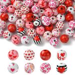 DanLingJewelry 100Pcs 8 Styles 16mm Valentine's Day Wooden Beads Red White Heart Round Wood Beads for Valentine's Day Home DIY Decor