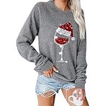 Fuyxxmer Womens Christmas Sweatshirt Red Wine Glass Santa Hat Graphic Sweater Long Sleeve Xmas Gift Pullover Blouse Tops