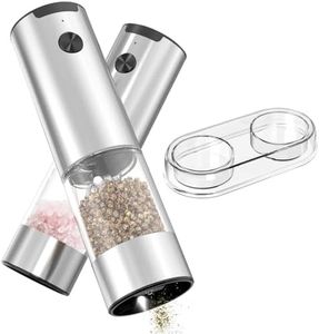 CIRCLE JOY Ensemble de Moulin à Sel et Poivre Électrique Moulin à Épices à Piles avec Base, Récipient Transparent Lavable de 95ml, Lumière LED Blanche et Grossièreté Réglable, Argent