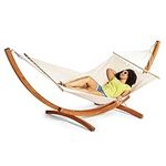 VonHaus Hammock with Frame – 1 Person Hammock with Stand - Natural Larch Wood Stand, Curved Wooden Frame - Heavy Duty Durable Freestanding Hammock for Garden, Patio, Terrace & Outdoor - White/Brown