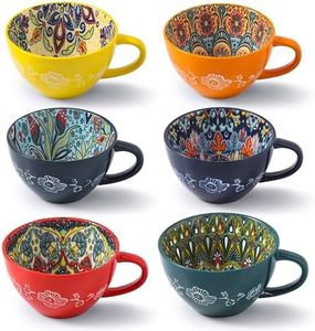 TAUFIKT Coffee Mug Set of 6, 15 oz Boho Coffee Mug Ceramic with Handle, Porcelain Tea Cups Set, 6 Pcs Coffee Cups for Cappuccino, Latte, Espresso, Microwave & Dishwasher Safe, Ideal Gifts