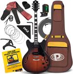 Pyle Semi Hollow Body Electric Guitar Set, 41.8” Full Size Jazz Instrument Kit w/ Gig Bag, Matte & Sunburst Finish