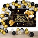 Birthday Decorations,Birthday Balloons with Happy Birthday Backdrop, Black and Gold Party Decorations,Birthday Decorations for Men Kids Anniversary Birthday Party Supplies Decor