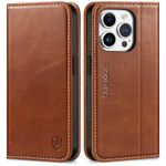 SHIELDON Case for iPhone 15 Pro 5G, Genuine Leather Folio Wallet Magnetic Shock Absorbing Case with [RFID Blocking][Card Holder][Kickstand] Flip Cover Compatible with iPhone 15 Pro 6.1" - Retro Brown