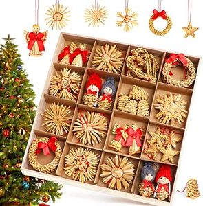 Decorazioni Natalizie per Albero di Natale, Set di Stelle in Paglia da 52 Pezzi, Decori Natale da Appendere, Angeli Addobbi Ornamenti in Materiale Naturalele