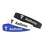 Asthma Wristbands Medical Alert ID Bracelets. Asthmatic Silicone Awareness Bands (Set of 3 - Black White Blue)