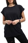 Fashion Star Women Short Turn Up Cap Sleeve Baggy Tshirt Top Black Plus Size (UK 16/18)