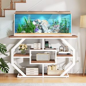 DWVO 55-75 Gallon Aquarium Stand with Power Outlet, Display Stand for Turtle Tank, Reptile Terrarium, Metal Fish Tank Stand Suitable for Living Room, Entryway, 860LBS Capacity, White & Walnut