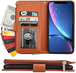 Cavor for iPhone XR Case,PU Leather Zip Pocket Wallet Flip Cover Case Magnetic Closure Book Design with Kickstand Feature & Card Slots Compartment for iPhone XR(6.1")-Brown