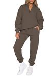 Aleumdr Womens Half Zip Pullover Long Sleeve Y2K Sweatshirt Jogger Pants Lounge Sets 2 Piece Outfits Sweatsuit with Pockets Brown Large