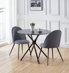 Hallowood Furniture Cullompton Dining Table and Chairs Set 2, Black Wooden Effect Dining Table with Curved-back Grey Chairs, Small Round Table with Fabric Dining Chairs for Home, Café