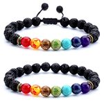 Hamoery Men Women 8mm Lava Rock Chakra Beads Bracelet Braided Rope Stone Agate Bracelet Bangle (Set1)