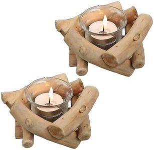 Sziqiqi Rustic Wooden Tea Light Candle Holder Set of 2 with Glass Cup Driftwood Votive Tealight Holder for Farmhouse Wedding Centrepieces Living Room Coffee Table Home Decorations