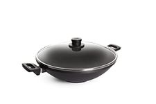 Woll Nowo Titanium Cast Wok with Glass Lid in Box-Inductive, Diameter, Height, 2 Side Handles-Suitable for all types of cookers, oven-safe, black, Ceramic, Ø 36 cm, 11 cm hoch