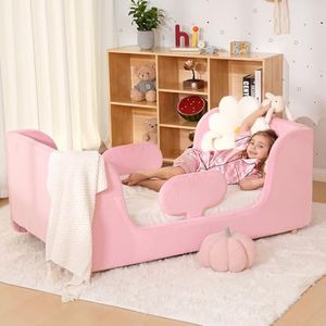 NAIZEA Toddler Bed,Upholstered Montessori Toddler Floor Bed Frame,Crib Size Low Profile Soft Kids Platform Bed for Boys & Girls,Pink