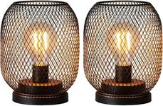 DECORKEY Set of 2 Battery Operated Lamp LED Table Lantern, Metal Cage Cordless Lamps with LED Bulb, Oval Vintage Decorative Outdoor Lantern for Weddings, Parties, Patio, Events for Indoors Shelf