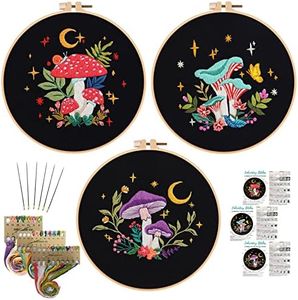 Nuberlic 3 Pack Embroidery Kit for Beginner Adults, Stamped Cross Stitch for Embroidery Starters with Mushroom Patterns Include 3 Embroidery Hoop, Cloth Thread Needles and Instructions