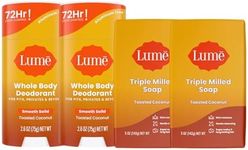 Lume Whole Body Deodorant And Soap - 2.6 Ounce Smooth Solid Stick With 72 Hour Odor Control (Pack of 2) and 5 Ounce Triple Milled Soap (Pack of 2) - Aluminum and Baking Soda Free (Toasted Coconut)