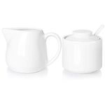 ONTUBE Porcelain Sugar and Creamer,Cream Pitcher, Spoon, Sugar Bowl with Lid, Set of 3 (White)