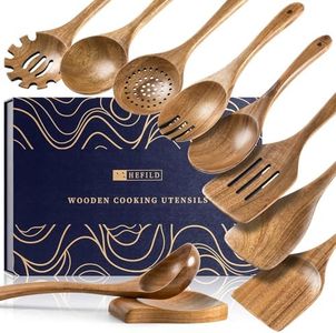 Hefild Wooden Spoons for Cooking, Nonstick Cooking Utensil Set with 9 Piece Acacia Wooden Spatulas and Spoons, as well as a Extra Whole Wood Spoon Rest, Terrific for Everyday Kitchen Tasks