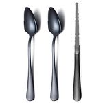 HOMQUEN Black Grapefruit Spoons 3 Pieces Set, 2 Stainless Steel Grapefruit Spoon and 1 Grapefruit Knife with Titanium Plating, Grapefruit Utensil Set, Serrated Edges Spoon Pack of 3 (Black)